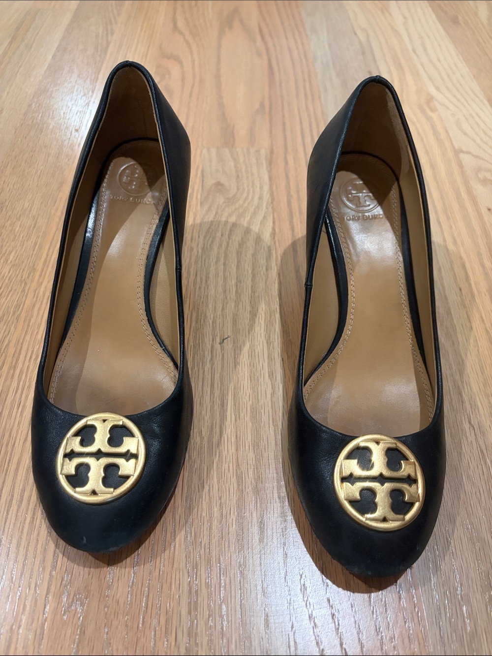 Tory Burch Black Leather Wedges with Gold Logo